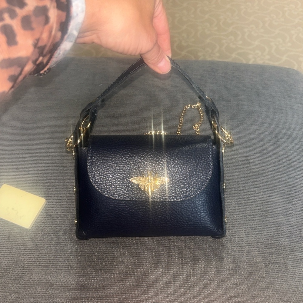 Vera Pelle Navy Little Bee” Bag in Genuine Leather Made in Italy NWOT - Picture 7 of 8